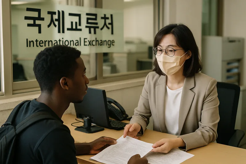 대학교 국제교류처 창구에서 시간제취업 서류를 상담받는 외국인 유학생, D-2 아르바이트 허가 절차