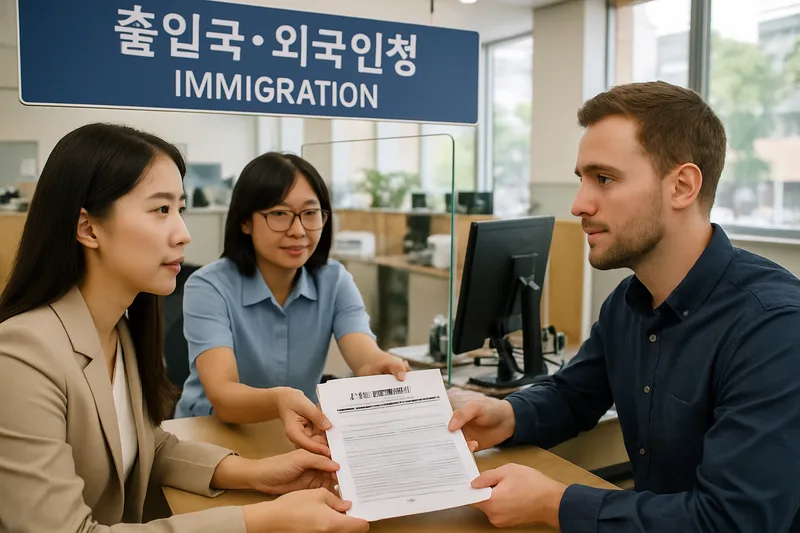 한국인 배우자와 외국인 배우자가 출입국·외국인청 민원 창구에서 영주 자격 변경 서류를 접수하는 모습, F-5 영주 결혼이민