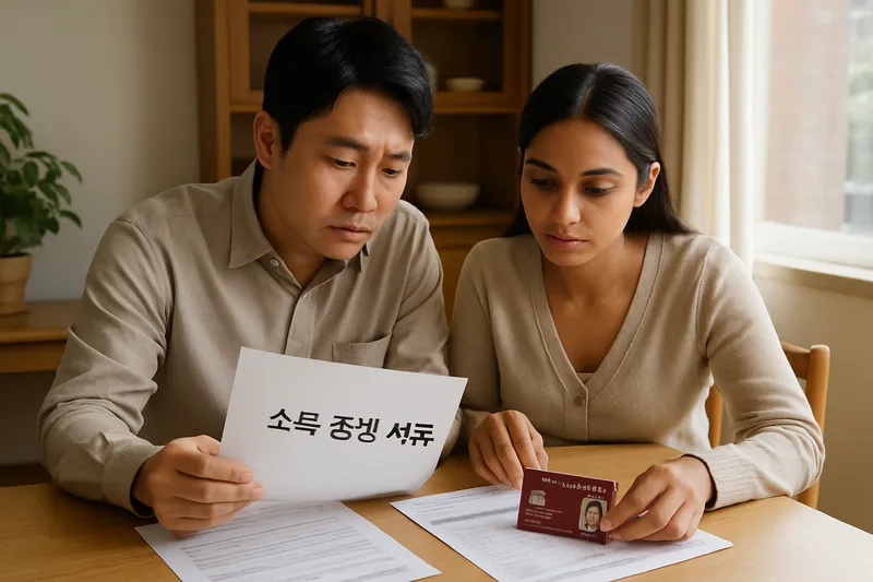 식탁에 앉아 소득 증빙 서류와 외국인등록증을 정리하는 다문화 가정 부부, F-6 결혼이민 영주 준비