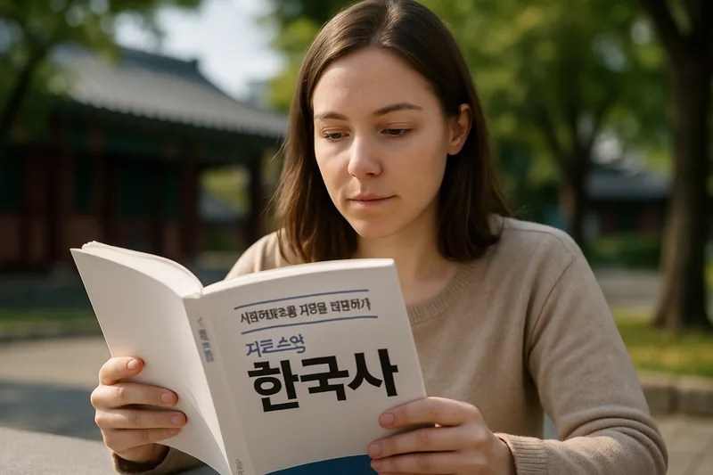 사회통합프로그램 귀화용 종합평가를 준비하며 한국사 교재를 공부하는 외국인 여성, 간이귀화 기본소양