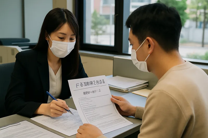 재외공관 영사 창구에서 결혼동거 목적 사증 서류를 검토하는 심사 장면, F-6 결혼비자 초청 요건