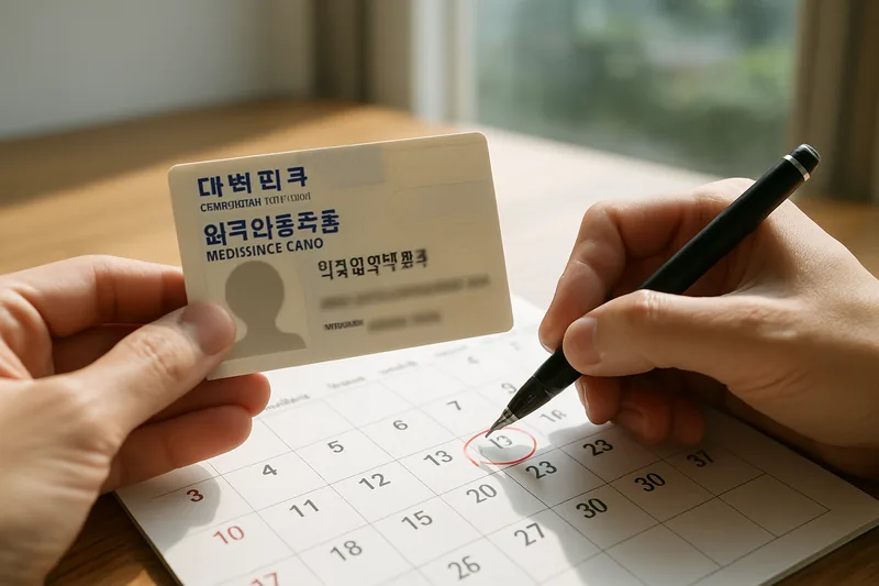 달력에 체류기간 만료일을 표시하며 외국인등록증을 확인하는 손, 결혼이민 체류기간 관리