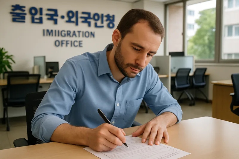출입국·외국인청 민원실에서 근무처 변경 신고서를 작성하는 외국인 직장인, E-7 이직 절차