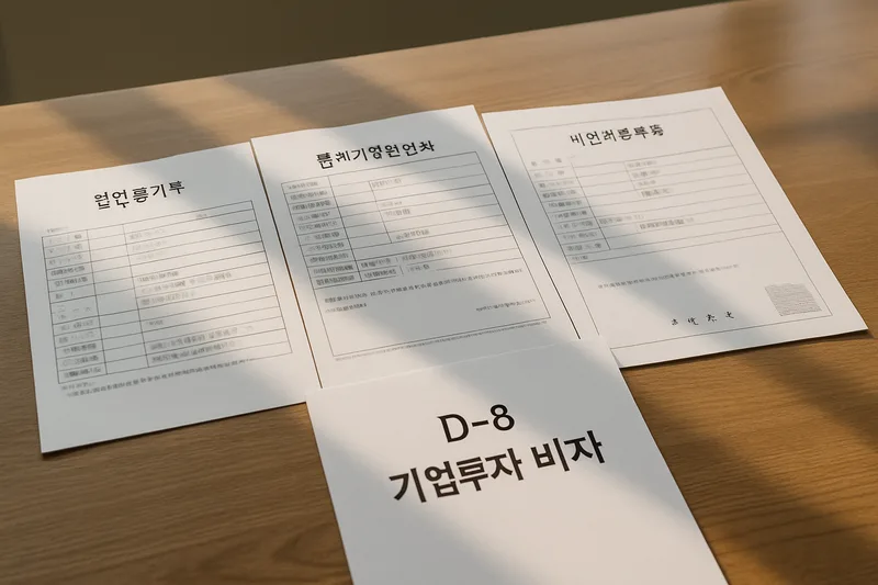 법인등기부와 벤처기업 확인서, 사업자등록증을 책상 위에 펼쳐놓은 모습, D-8 기업투자 비자 서류