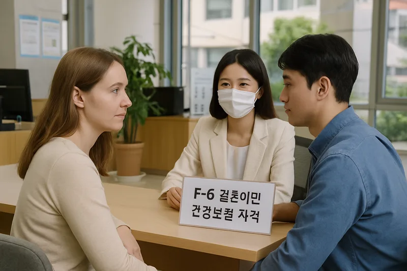 국민건강보험공단 창구에서 상담받는 외국인 여성과 한국인 배우자, F-6 결혼이민 건강보험 자격
