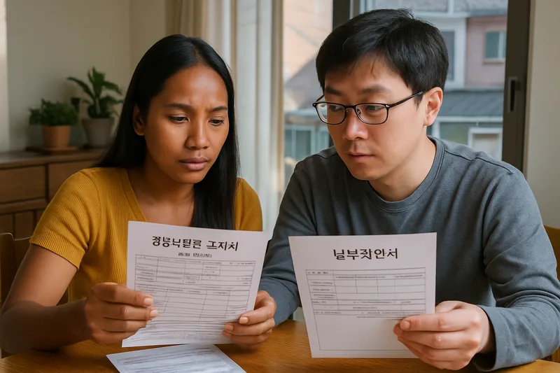 건강보험료 고지서와 납부확인서를 식탁에서 확인하는 다문화 가정, 결혼이민 체류연장 서류 준비