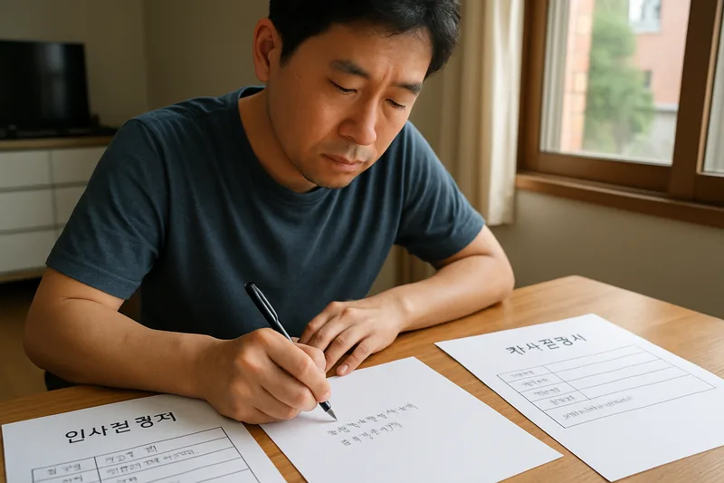 인사발령 통지서와 재직증명서를 정리하며 사유서를 작성하는 한국인 남편, 결혼이민 체류연장 소명 준비