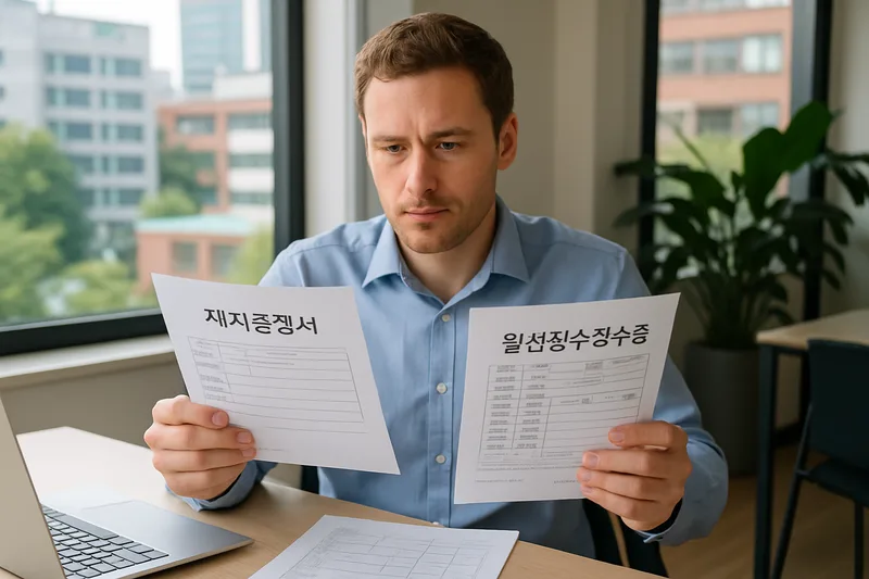 사무실에서 재직증명서와 원천징수영수증을 정리하는 외국인 직장인, E-7 체류기간 연장 준비