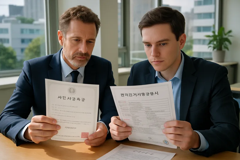 사무실에서 사업자등록증과 법인 서류를 검토하는 외국인 대표와 직원, D-8 D-9 사업 실체 확인