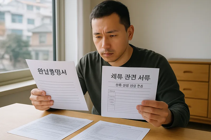 책상에서 완납증명서와 체류 관련 서류를 정리하는 외국인, 영주 신청 품행 요건 준비