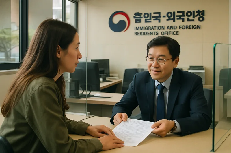 출입국·외국인청 상담 창구에서 안내받는 외국인 여성, 체류자격 변경 상담