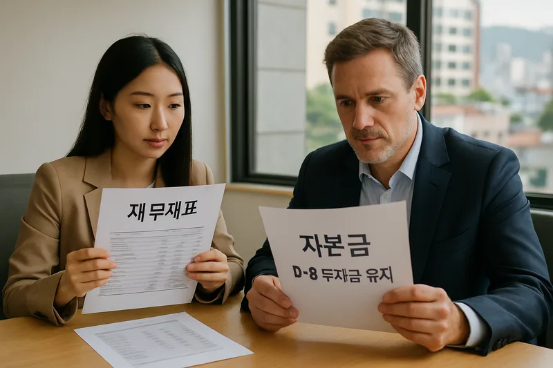 회의실에서 재무제표와 자본금 서류를 검토하는 외국인 대표와 회계 담당자, D-8 투자금 유지