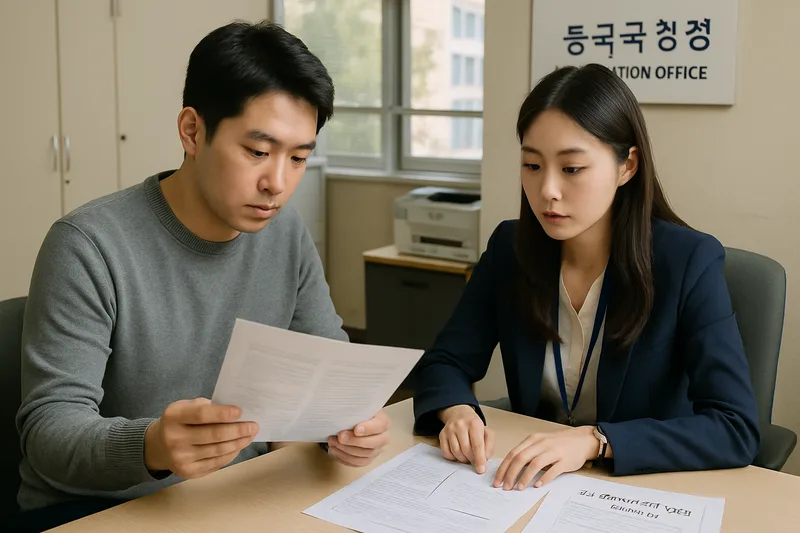 출입국·외국인청 민원실에서 국제결혼 초청 서류를 검토하는 한국인 남성과 상담 직원, F-6 결혼비자 초청 절차