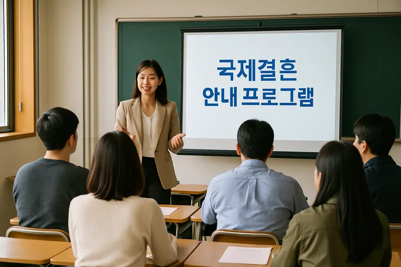 강의실에서 국제결혼안내프로그램 교육을 듣는 한국인 수강생들과 강사, 법무부 국제결혼 교육 현장