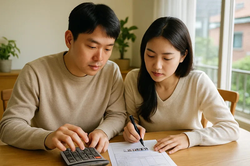 식탁에서 소득금액증명원과 계산기를 놓고 가계 소득을 계산하는 한국인 부부, F-6 결혼비자 소득요건 준비