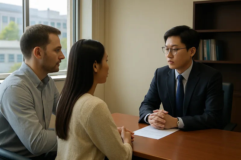 재외공관 영사 인터뷰실에서 마주 앉아 대화하는 국제결혼 부부와 영사, F-6 결혼비자 심사 인터뷰 장면