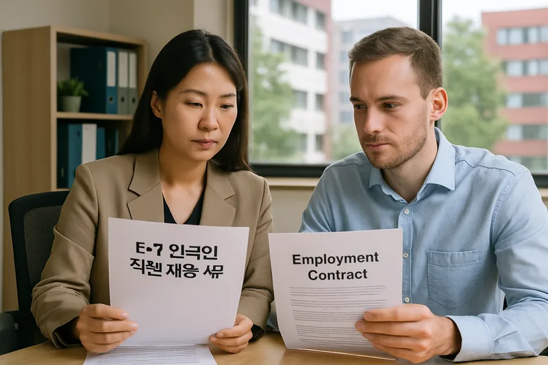 한국 사무실에서 외국인 직원 채용 서류와 고용계약서를 검토하는 인사담당자, E-7 특정활동 비자 신청 준비