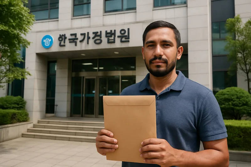 한국 가정법원 앞에서 서류 봉투를 든 외국인 결혼이민자, F-6-3 혼인단절 체류자격
