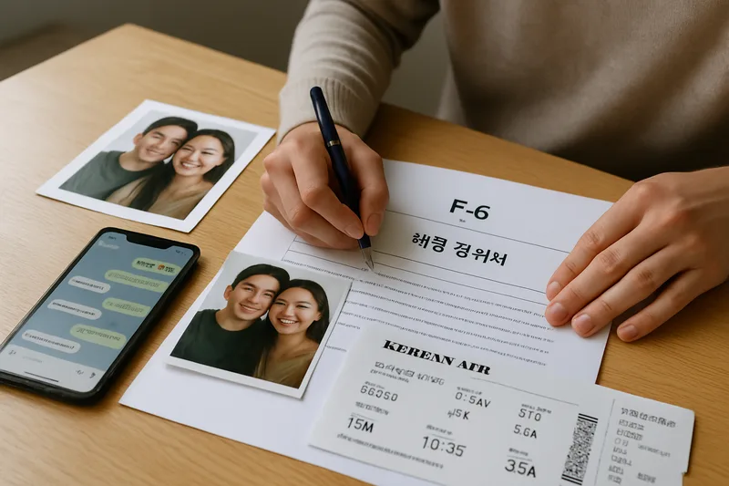 메신저 대화 기록과 함께 찍은 사진, 항공권 등 교제 입증 자료를 정리하는 모습, F-6 교제 경위서