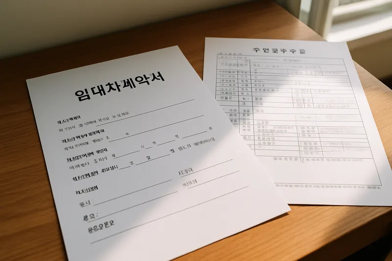 임대차계약서와 주민등록등본 등 주거 입증 서류를 책상 위에 펼쳐놓은 모습, F-6 주거요건 서류