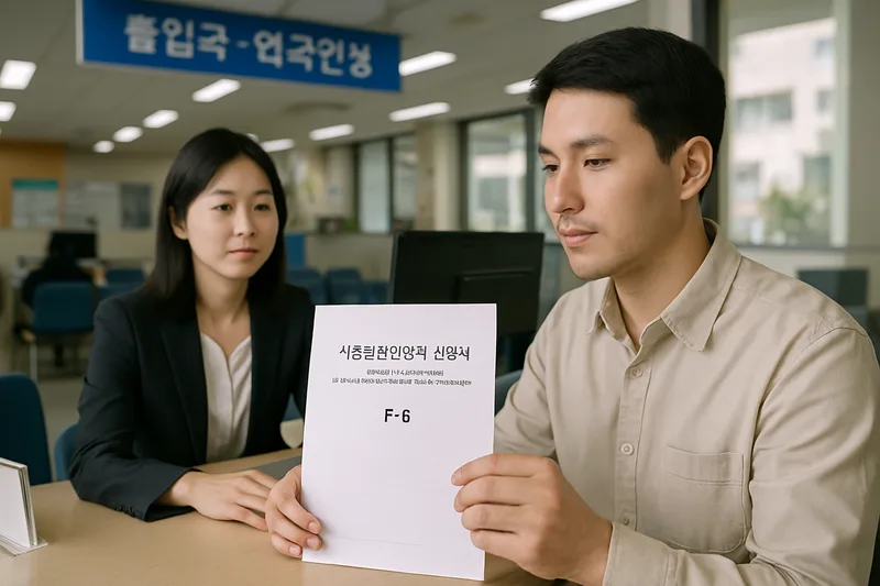 한국인 배우자가 출입국·외국인청 창구에서 사증발급인정서를 신청하는 장면, F-6 해외 배우자 초청