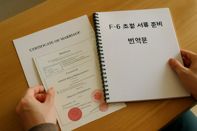 아포스티유와 영사확인을 거친 외국 혼인 서류와 번역본을 정리하는 모습, F-6 초청 서류 준비