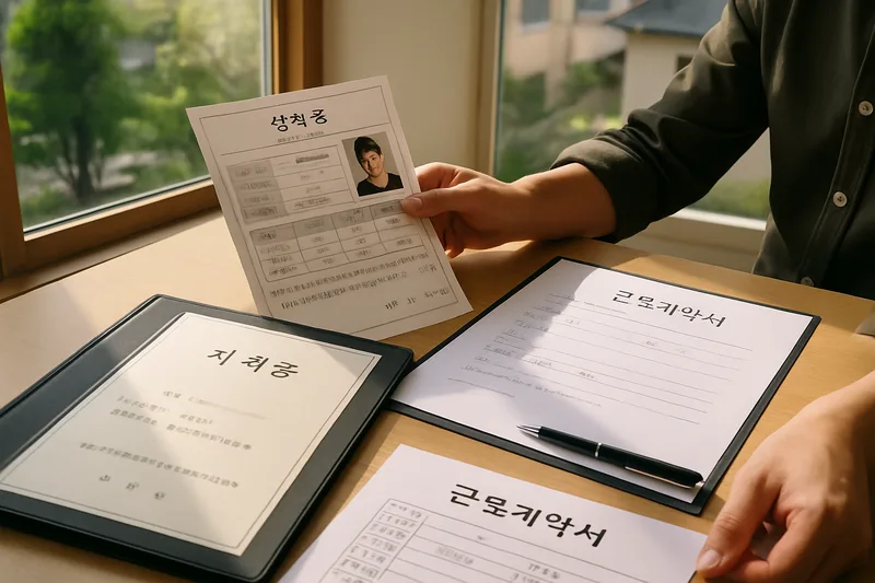 한국어능력시험 성적표와 자격증, 근로계약서 등 E-7-4 점수 항목 서류를 준비하는 모습