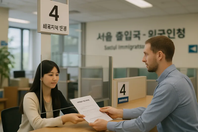 서울 출입국·외국인청 민원실 접수 창구에서 체류자격 변경 서류를 내는 국제결혼 부부, F-6 결혼비자 국내 변경