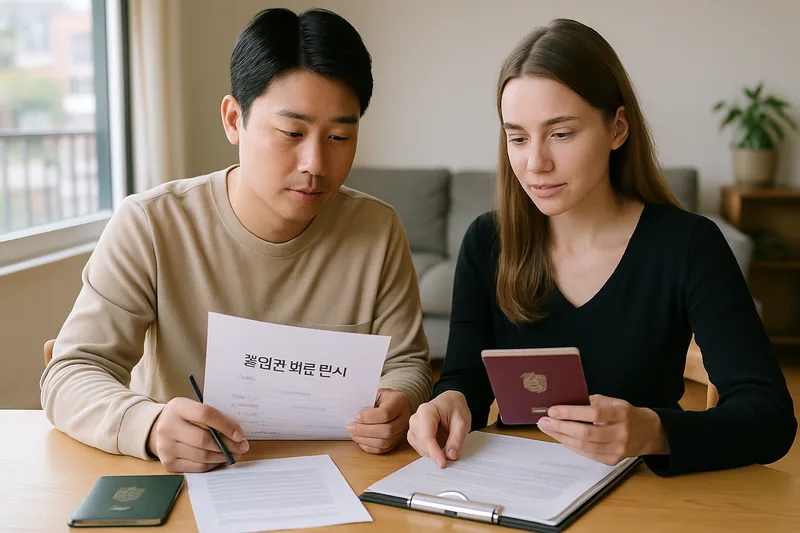한국인 남편과 외국인 아내가 거실 식탁에서 혼인관계증명서와 여권 서류를 정리하는 모습, F-6 결혼비자 신청 준비