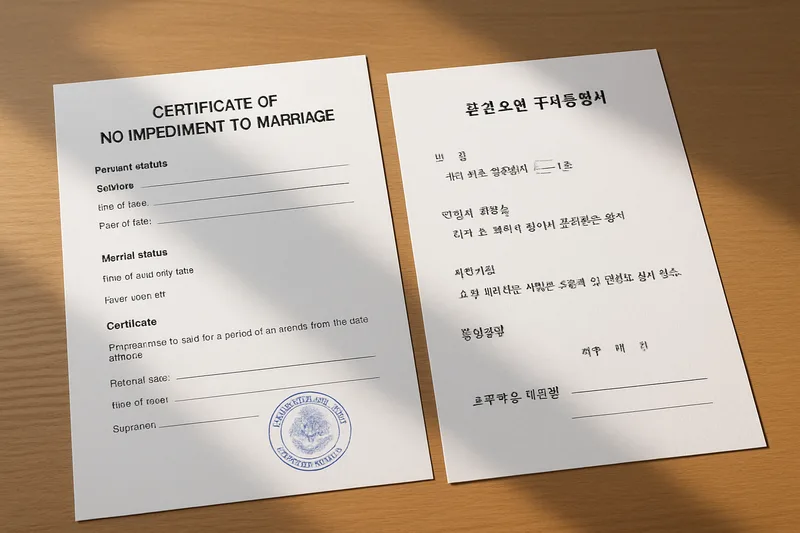 아포스티유 확인 도장이 찍힌 외국 발행 혼인요건구비증명서와 한국어 번역 공증 서류를 책상 위에 펼쳐 놓은 모습
