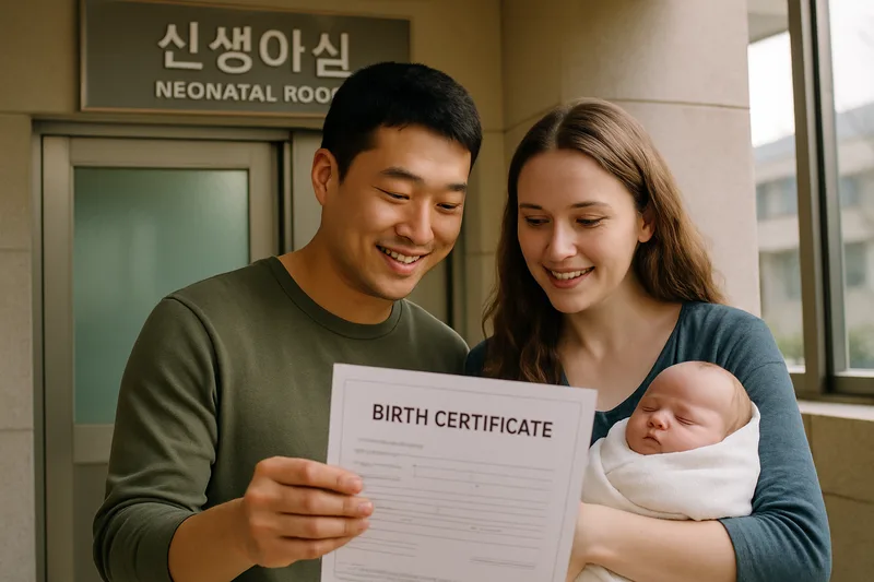 한국 산부인과 신생아실 앞에서 출생증명서를 확인하는 한국인 아버지와 외국인 어머니, F-6 결혼이민 가정