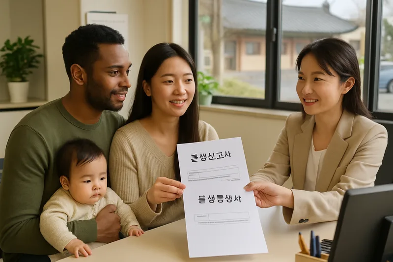 한국 주민센터 창구에서 출생신고서와 출생증명서를 제출하는 다문화 가정 부모, 자녀 가족관계등록