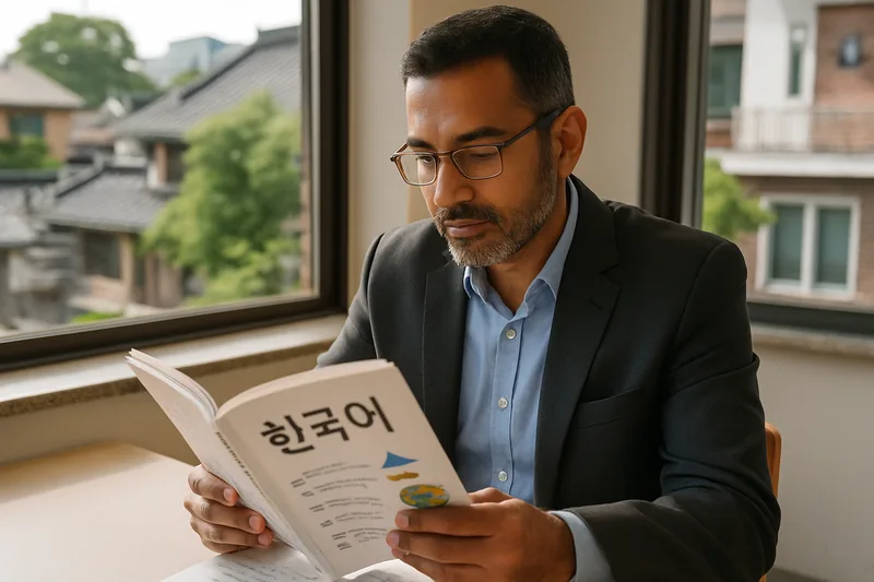 사회통합프로그램 한국어 수업에서 교재를 보며 학습하는 외국인 사업가, F-2-7 점수제 기본소양 준비