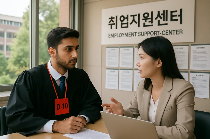 한국 대학 캠퍼스 취업지원센터에서 채용 공고를 보며 상담받는 외국인 졸업생, D-10 구직비자