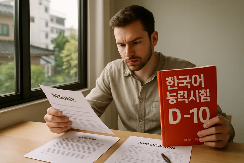 책상에서 한국어 능력 시험 교재와 지원 서류를 정리하며 구직을 준비하는 외국인 청년, D-10 점수제 준비