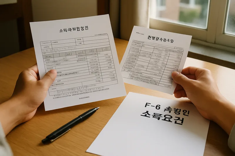 한국인 초청인이 소득금액증명원과 원천징수영수증 등 소득 서류를 정리하는 책상 위 클로즈업, F-6 초청인 소득요건