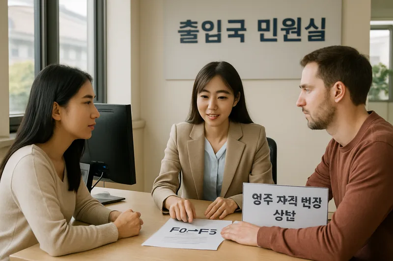 한국 출입국 민원실에서 영주 자격 변경을 상담하는 결혼이민 부부, F-6에서 F-5 영주 전환