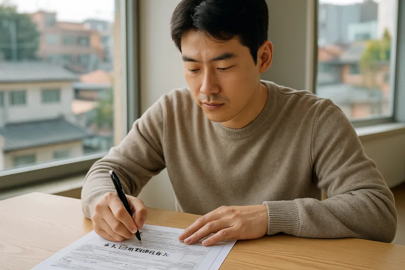 한국인 배우자가 결혼이민 신원보증서에 서명하는 장면, F-6 신원보증서
