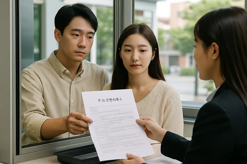 재외공관 영사 창구에 결혼이민 서류를 제출하는 부부, F-6 신원보증서 제출