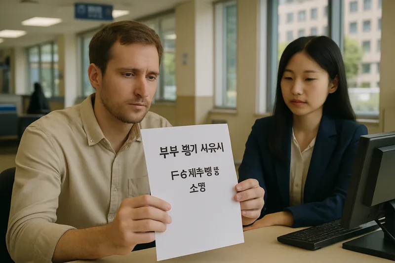 출입국 창구에서 부부 별거 사유서를 제출하는 외국인 배우자, F-6 체류연장 소명