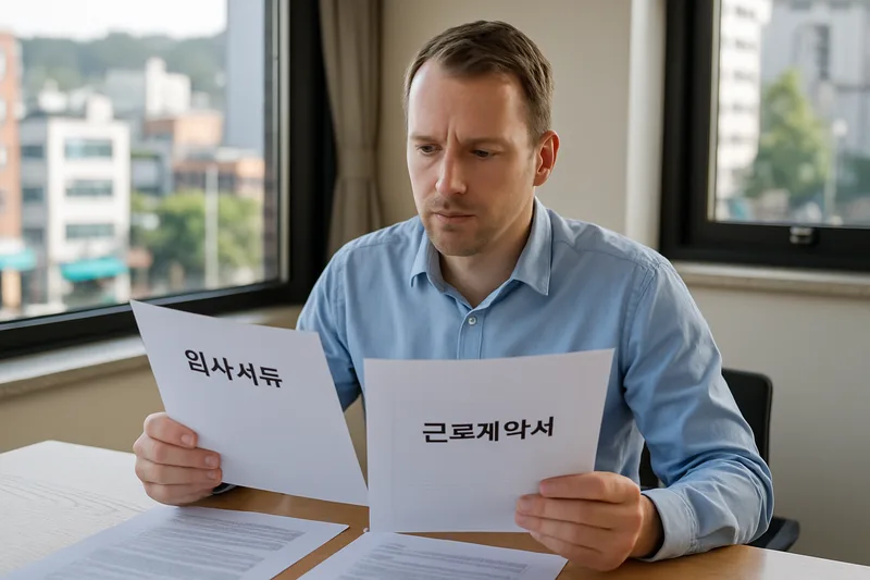 새 회사 입사 서류와 근로계약서를 검토하는 외국인 전문인력, E-7 근무처 변경