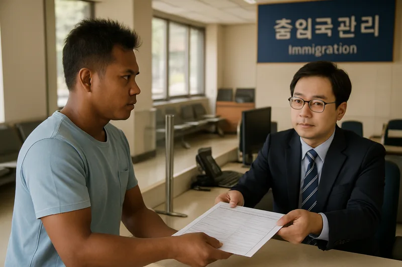 출입국 창구에서 근무처 변경 신고를 접수하는 외국인 근로자, E-7 전직 절차