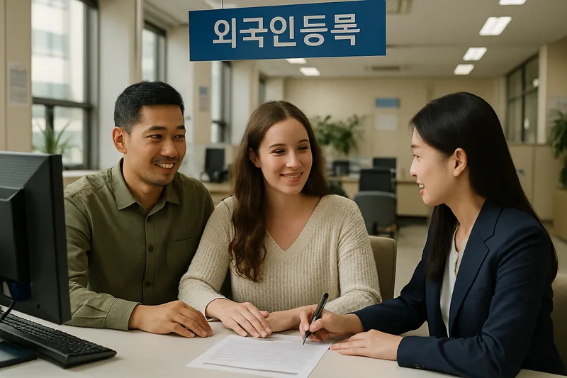 한국 출입국외국인청 민원실에서 외국인등록을 신청하는 결혼이민자 부부, F-6 결혼비자 외국인등록