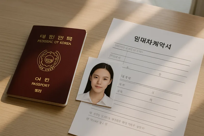 외국인등록에 필요한 여권과 표준규격 증명사진, 임대차계약서가 책상 위에 놓인 모습, F-6 결혼비자 서류 준비