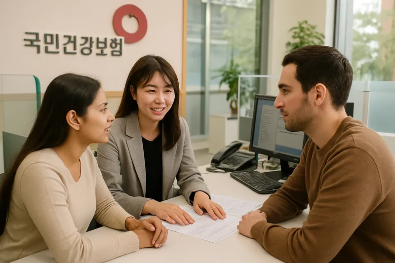 국민건강보험공단 지사 창구에서 상담받는 결혼이민자 부부, F-6 결혼비자 건강보험 가입