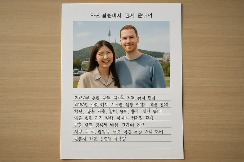 국제결혼 부부의 교제 사진과 메신저 대화 기록을 정리한 소명 자료, F-6 결혼비자 교제 경위서