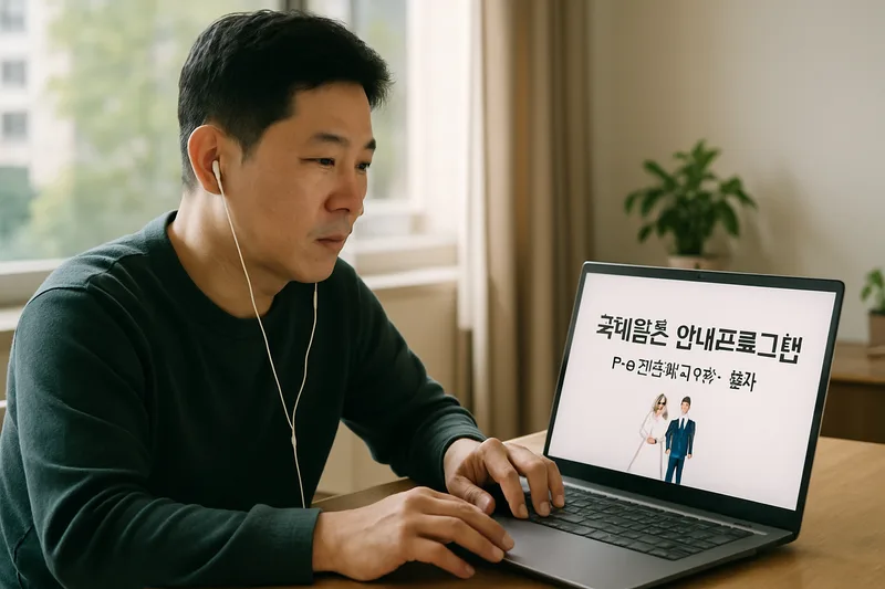 한국인 배우자가 온라인으로 국제결혼 안내프로그램 교육을 수강하는 모습, F-6 결혼비자 이수 절차