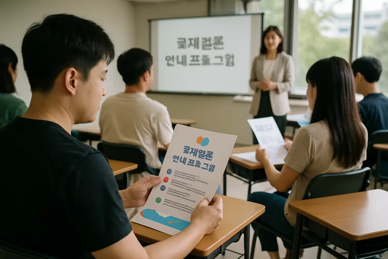 교육장에서 국제결혼을 준비하는 한국인 수강생들이 안내 자료를 보는 오프라인 집합교육 장면, 국제결혼 안내프로그램