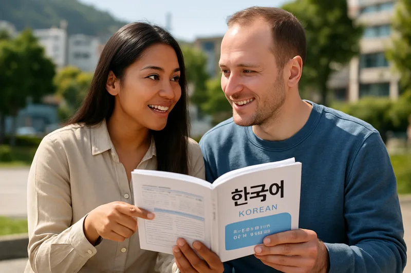 다문화 부부가 한국어 교재를 함께 보며 대화하는 모습, F-6 결혼비자 한국어 의사소통 요건