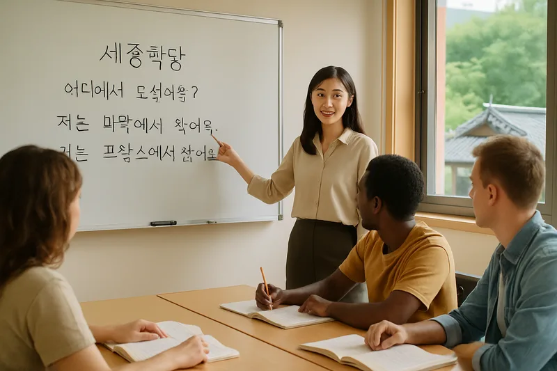 세종학당에서 외국인 학습자가 초급 한국어 수업을 듣는 모습, F-6 한국어 요건 지정 기관 이수